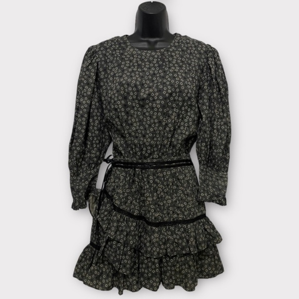 LoveShackFancy Gray Black & White Floral Lorelei Ruffle Mini Dress Size Medium